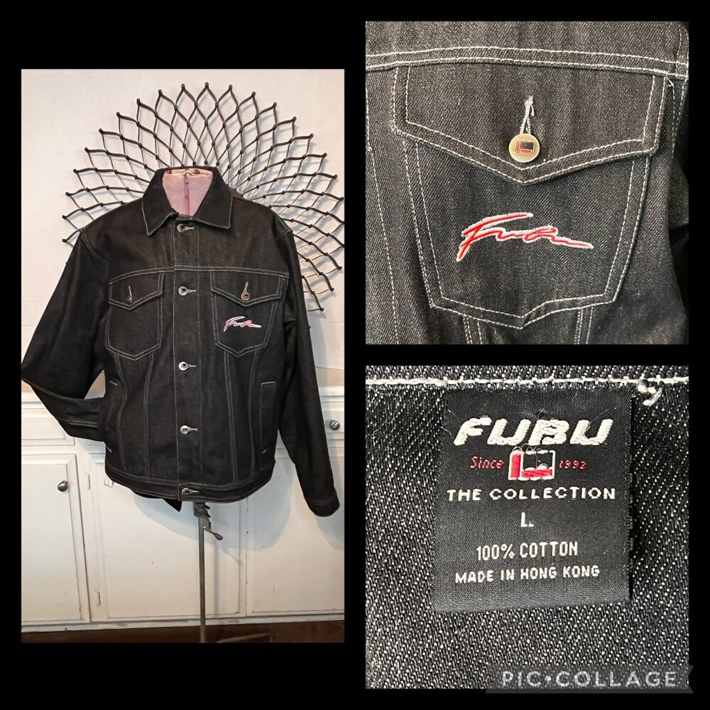 FUBU Sports Black Denim Jacket THE COLLECTION Size LRG Vintage New Old Stock